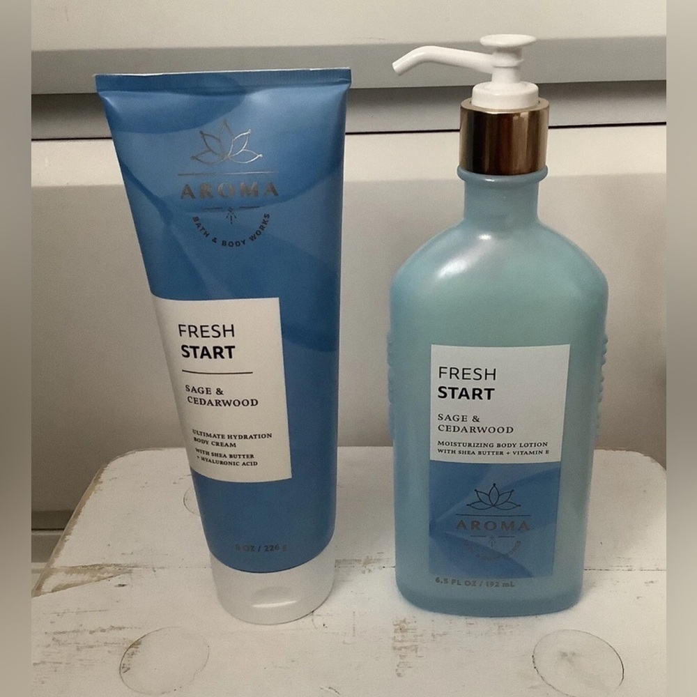 2pc BATH & BODY WORKS AROMA FRESH START SAGE & CEDARWOOD Body Lotion + Cream set